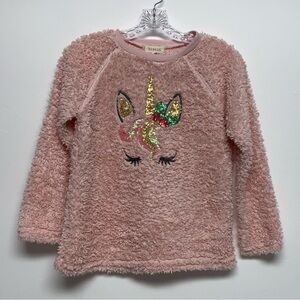 btween | Girls Sz 14 |Pink Sequined Unicorn Faux Sherpa Holly Berry Top Sweater